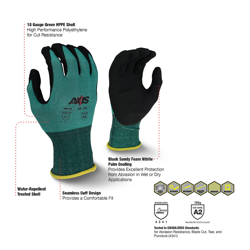 Radians RWG533 Foam Nitrile Coated Cut A2 Work Glove 18-Gauge